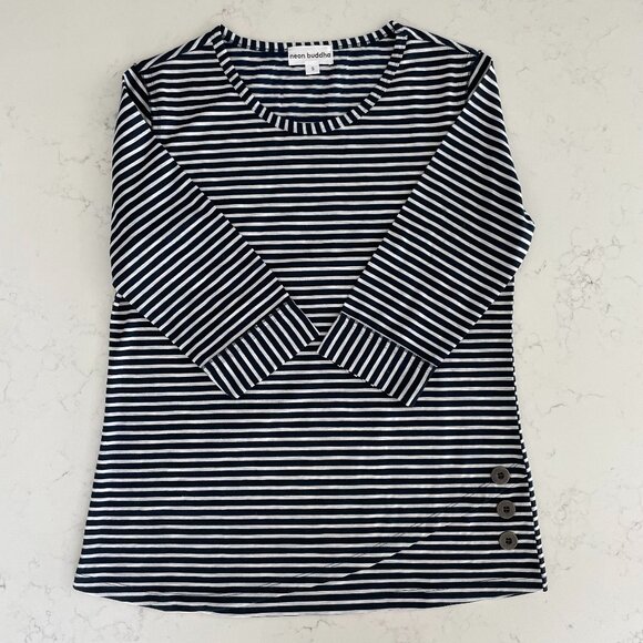 Neon Buddha Oversize Stripe 2/3 Slv Scoop Nk Top w Button Detail Navy Wht Sz S - Picture 1 of 14